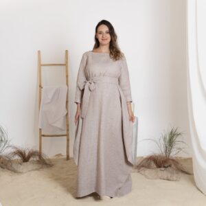 Elegantes Linen Maxi Maternity Dress with Long Sleeves and Belt
