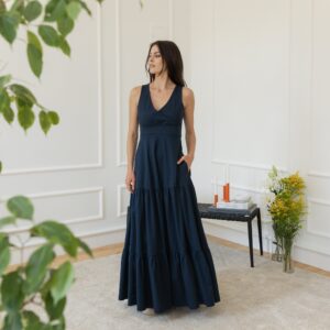 Elegantes Maxi Cotton Dark Blue Sleeveless Summer Dress with Pockets