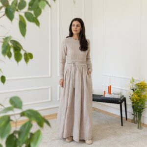 Alternative view of Elegantes Linen Maxikleid with Long Sleeves and Wide Tie Belt