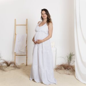 Elegantes Sleeveless Maxi Maternity Linen Dress in White