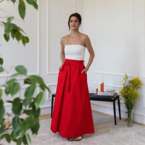 Elegantes Maxi Cotton A-Line Skirt with High Waist Tie Belt and Pockets