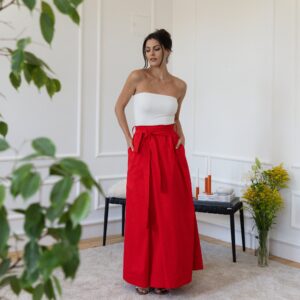 Alternative view of Elegantes Maxi Cotton A-Line Skirt with High Waist Tie Belt and Pockets