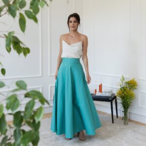 Elegantes Maxi Cotton Turquoise Wedding Guest Skirt with High Waist