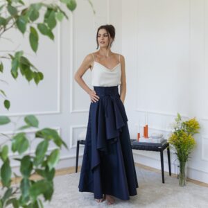 Alternative view of Elegantes Maxi Cotton Flared Skirt With Ruffles, Front Tie Belt and High Waist