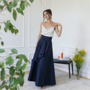 Elegantes Maxi Cotton Flared Skirt With Ruffles, Front Tie Belt and High Waist