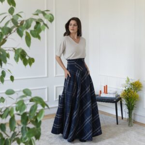 Elegantes Wool Long A-Line Plaid Skirt with Ultra High Waist and Pockets