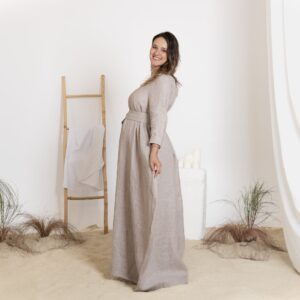 Alternative view of Elegantes Linen Maxi Maternity Dress with Long Sleeves and Belt