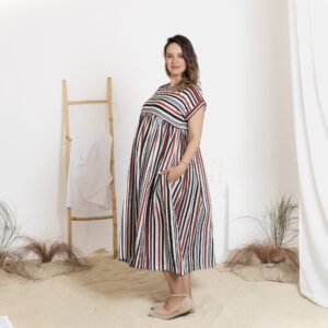 Alternative view of Elegantes Linen Maternity Striped Dress with Empire Waist and Short Sleeves