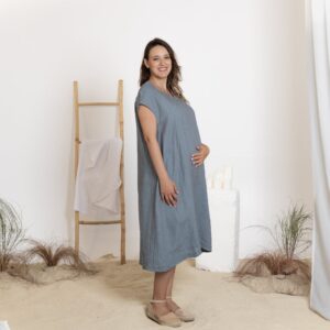 Elegantes Linen Maternity Midi Dress with Short Sleeves and Lässiges Fit