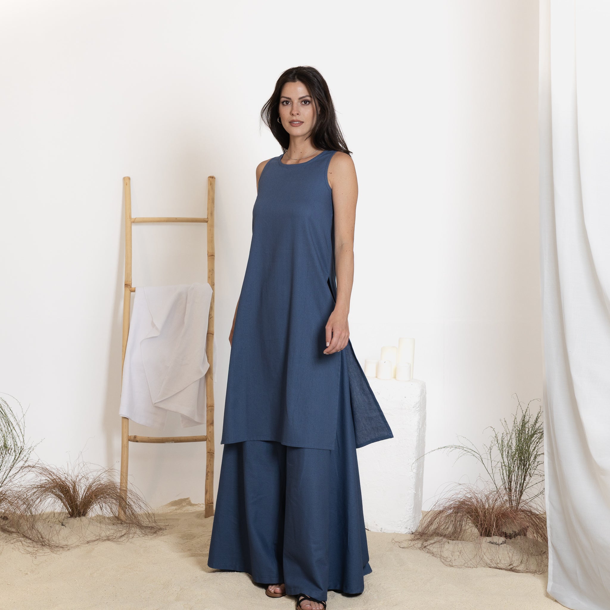 Elegantes Lässiges Linen Sleeveless Tunic Top with Slits