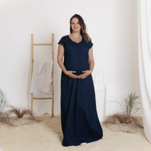 Elegantes Linen Maternity Long Dress With Back Tie And Pockets